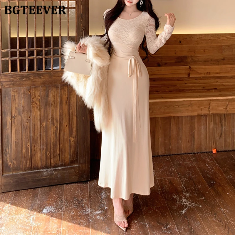 

BGTEEVER Elegant Long Sleeve O-neck Female Patchwork Lace Mermaid Dress Autumn Winter Slim Waist Lace-up Women Package Hip Dress