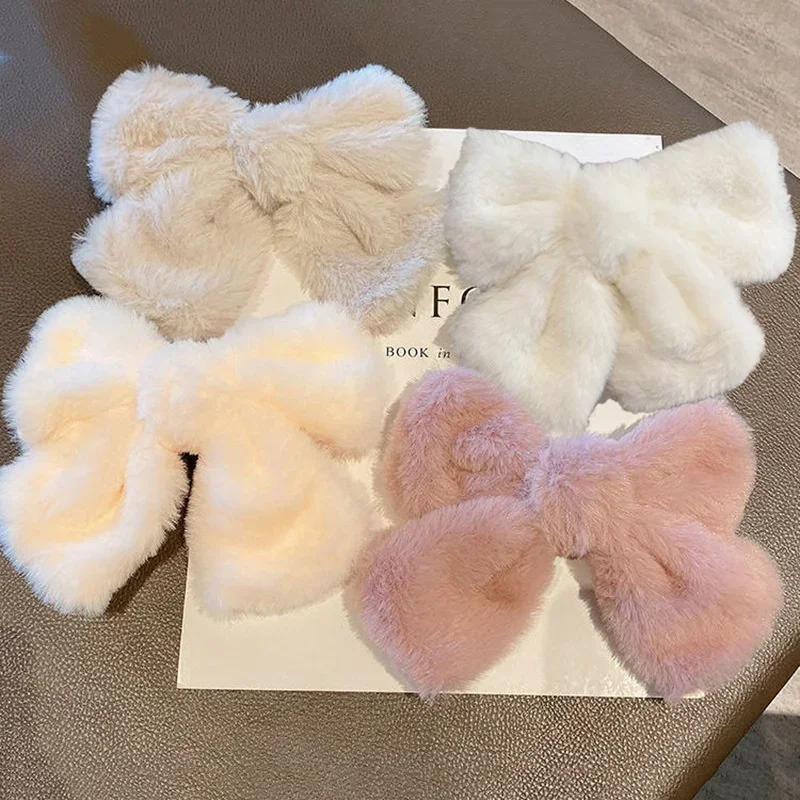 

Girls Sweet Fashion Elegant Plush Big Bow Hairpins Cute Soild Color Hair Clip Hair Ornament Autumn Winter Hair Accessories