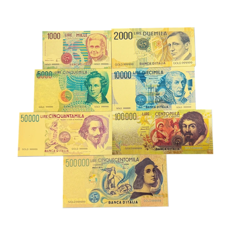 

2025 Nice 7pcs/ Set Italy Banknote Lire Banknote in 24k Gold Plated Banknote For Collection