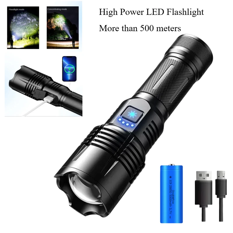 Emergency Super Bright LED Flashlight 500m+ Long Range Zoomable USB Rechargeable Spotlight Torch with Power Display