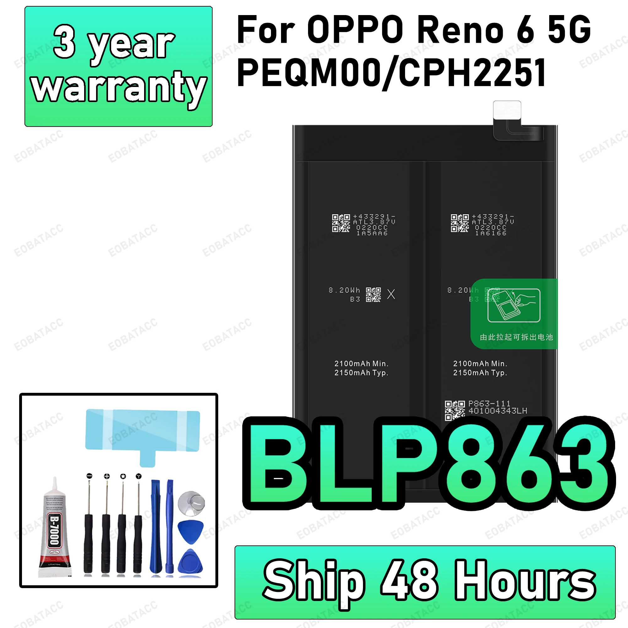 

100% New High Quanlity BLP863 Replacement Battery For OPPO Reno 6 5G Batteries+Free Tools