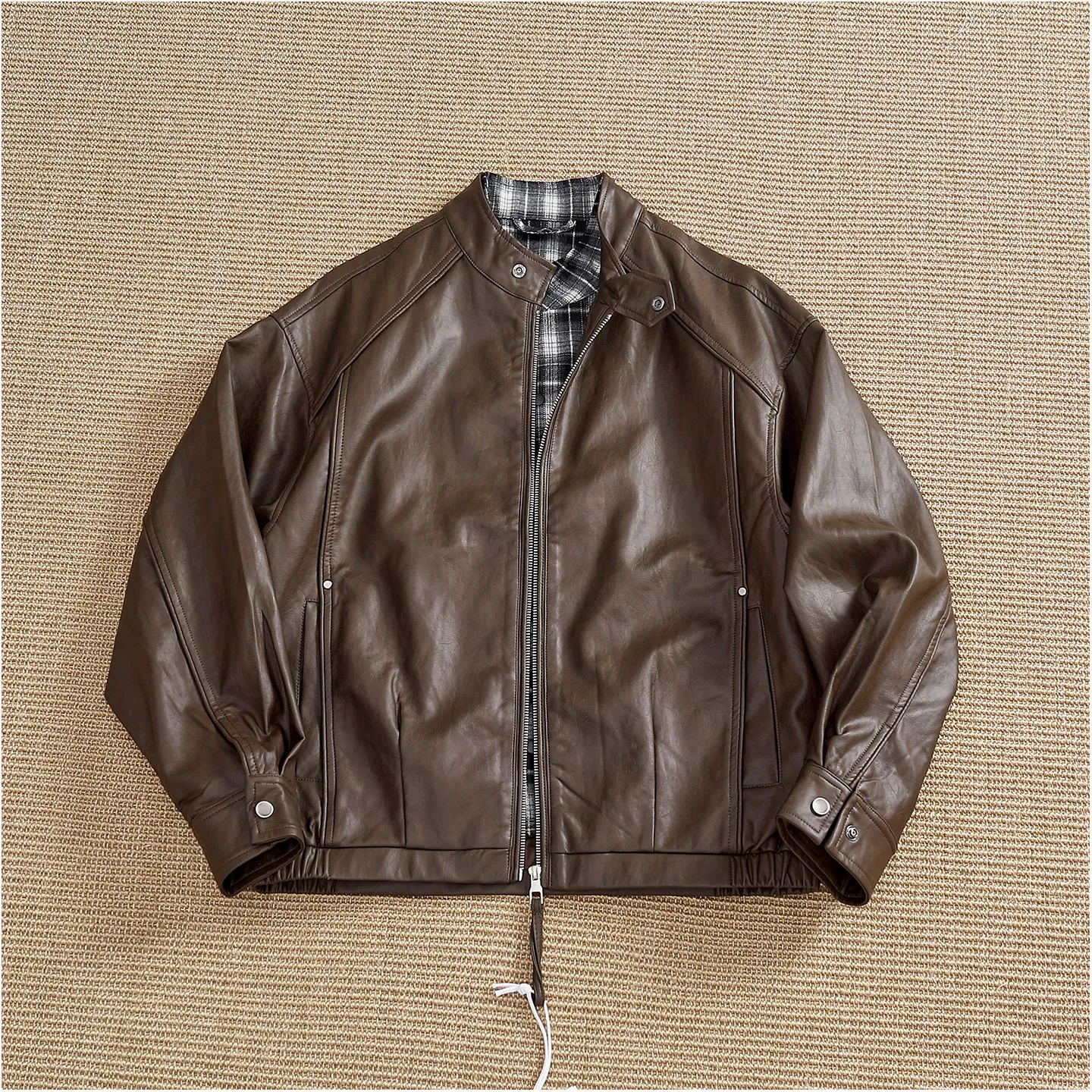 Autumn men's new stand-up collar fake two-piece plaid inner design jacket retro distressed loose casual jacket