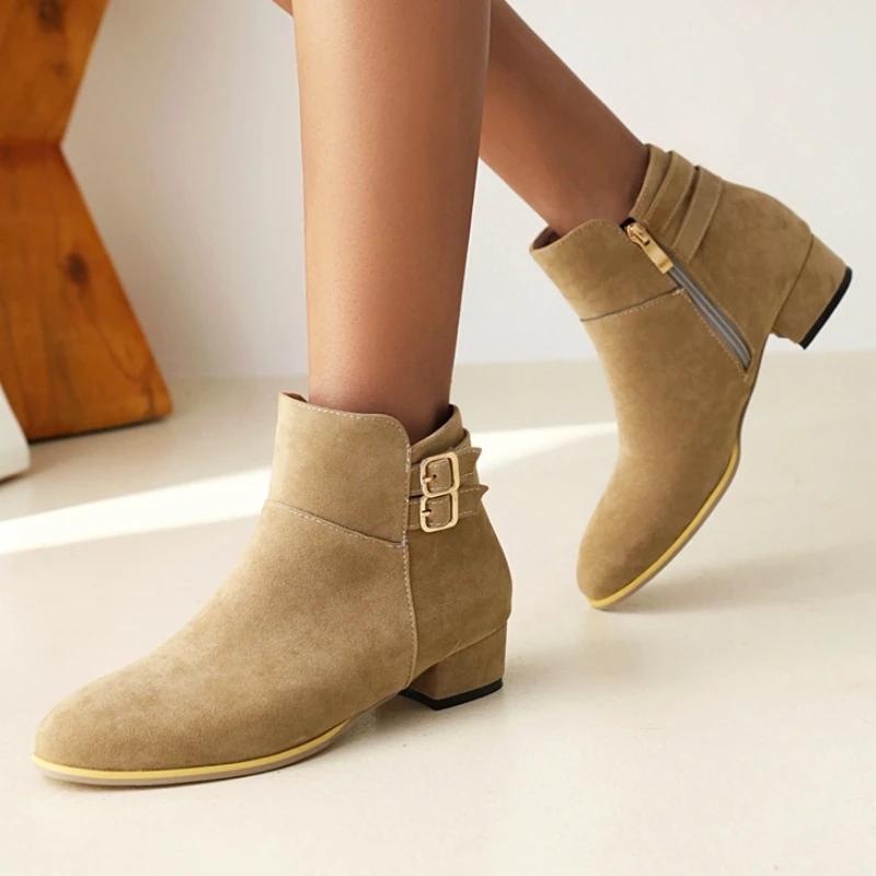

Женские ботильоны, элегантные замшевые ботинки из флока, абрикосовые, черные, коричневые, короткие ботинки, осенне-зимняя и весенняя обувь, обувь