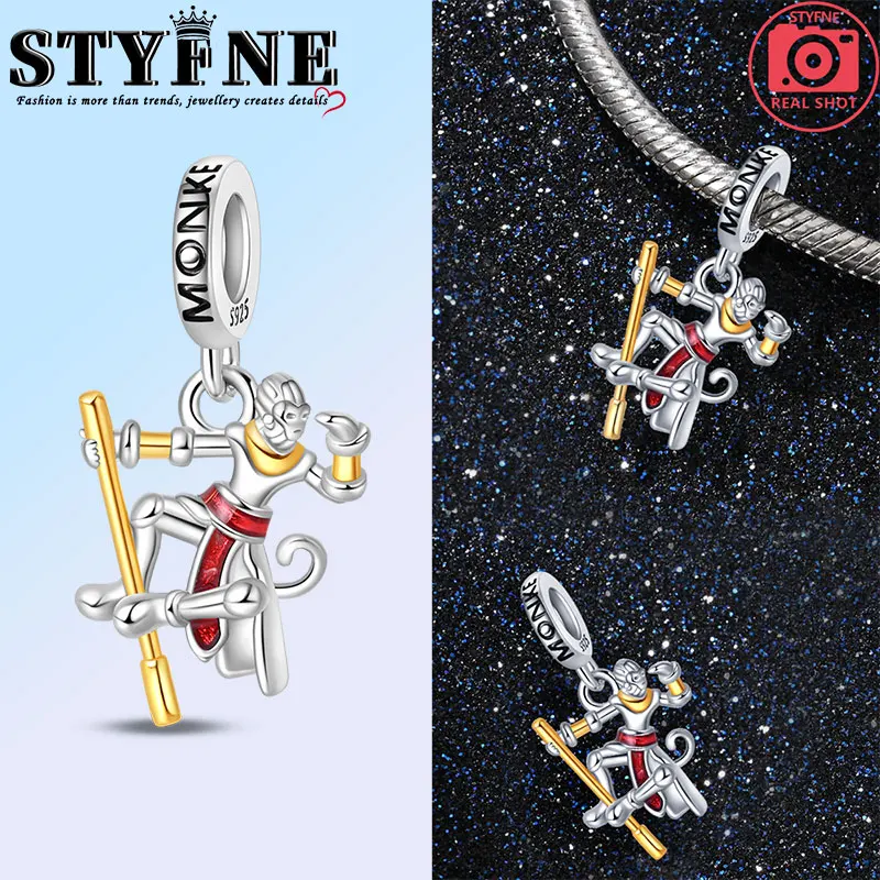 Travel Hobbies Games Beads 925 Sterling Silver Big Brother Wukong Red Ribbon Hand Dancing Gold Hoop Charm Women's Jewelry DIY