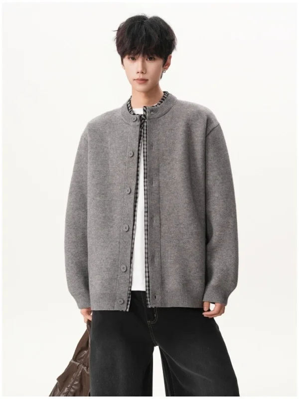 メンズルーズカジュアルニットカーディガンジャケットレトロチェック柄スプライシング秋冬ファッションブランドボヘミアンスタイルボタンセーター