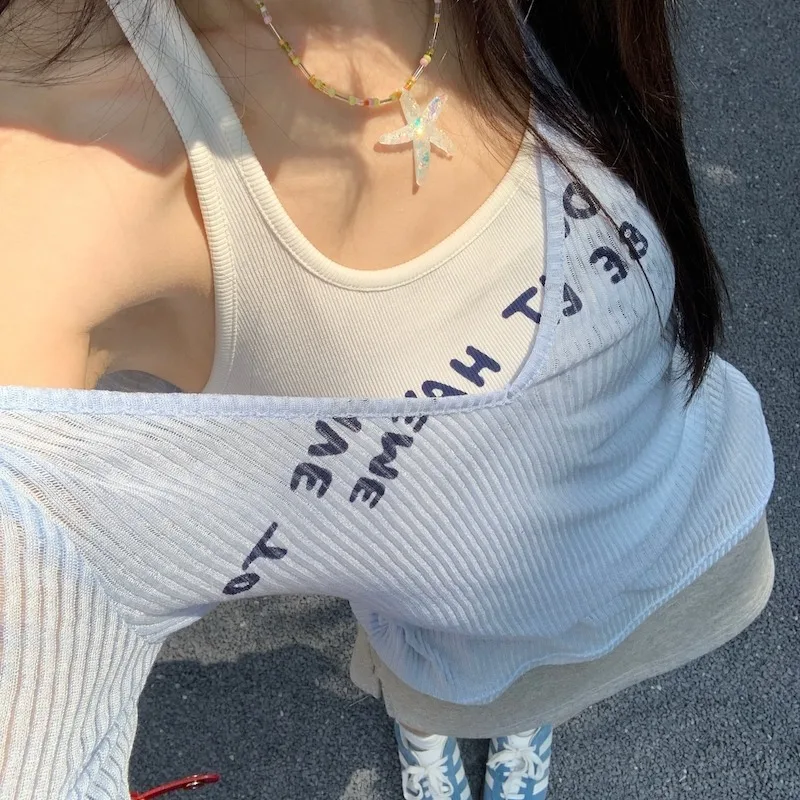 

American Subculture Letters Printed Long-sleeved T-shirts White Halter Halter Vest Women's Hottie Loose Casual Two-piece Set