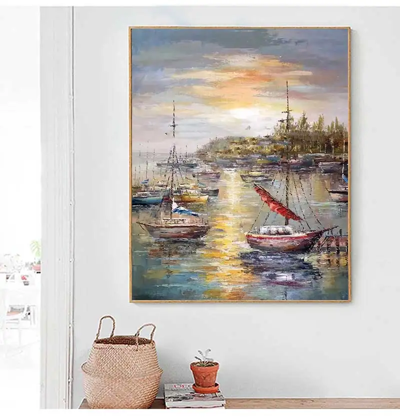 Mintura Hand Painted Oil Paintings on Canvas Fishing Ports and Boats Wall Picture for Living Room Home Decor Wall Art  No Framed