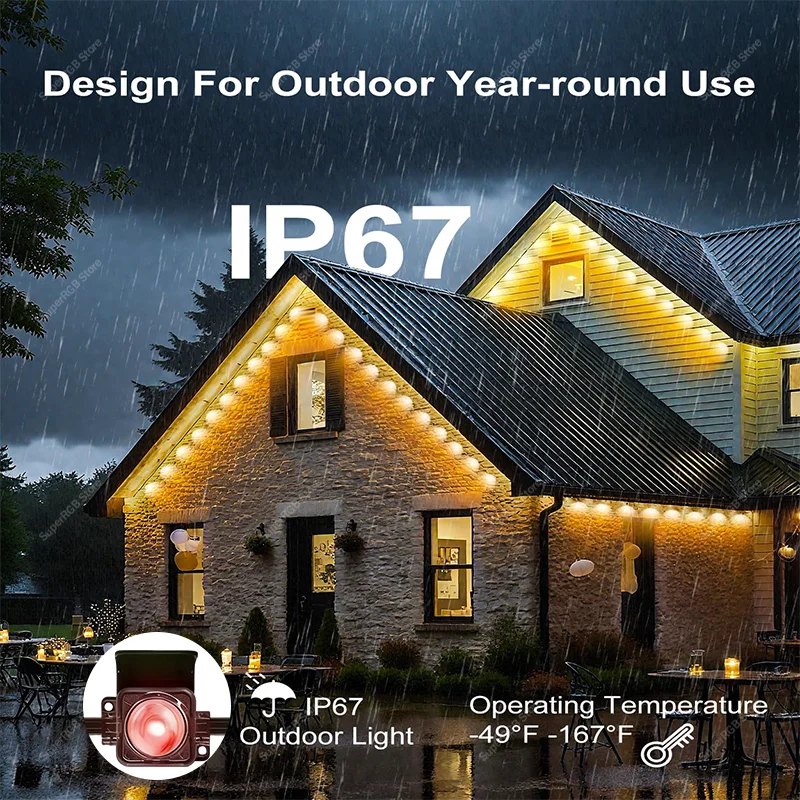100フィート スマート屋外軒先RGBIC LEDライト Bluetoothアプリ制御 色変更 DIYシーンモード ハウスデコレーション フェスティバル照明
