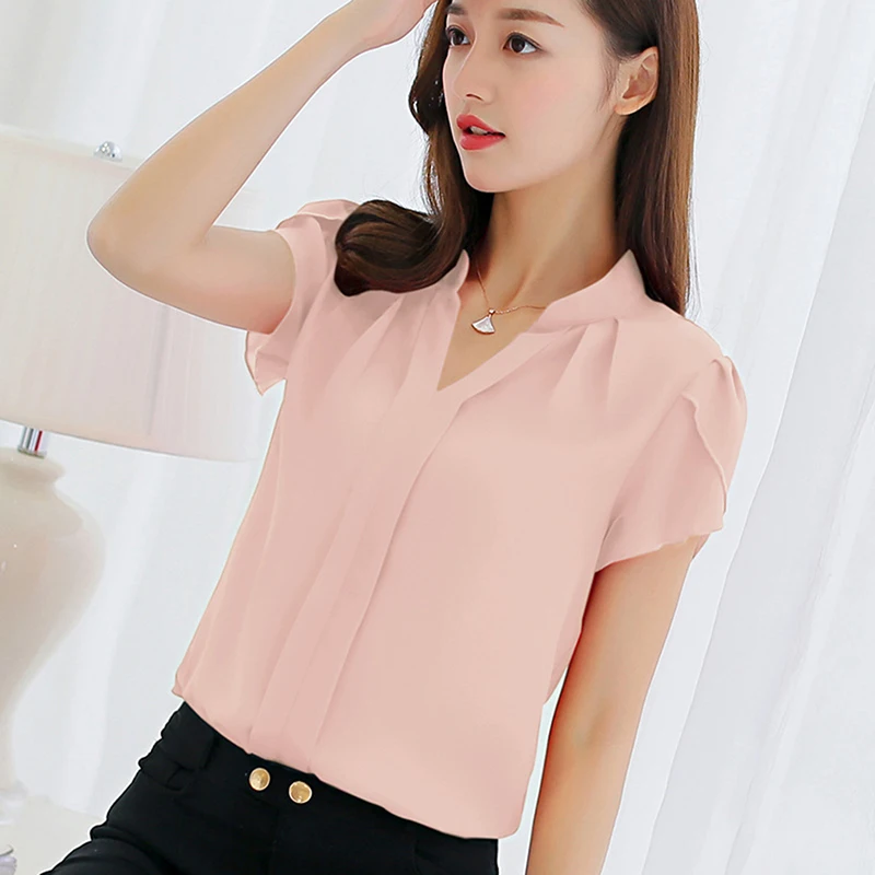 Ladies Short Sleeve Top Chiffon Casual Elegant Ladies Formal Office Pure Color Fashion High Quality Chiffon Blouse