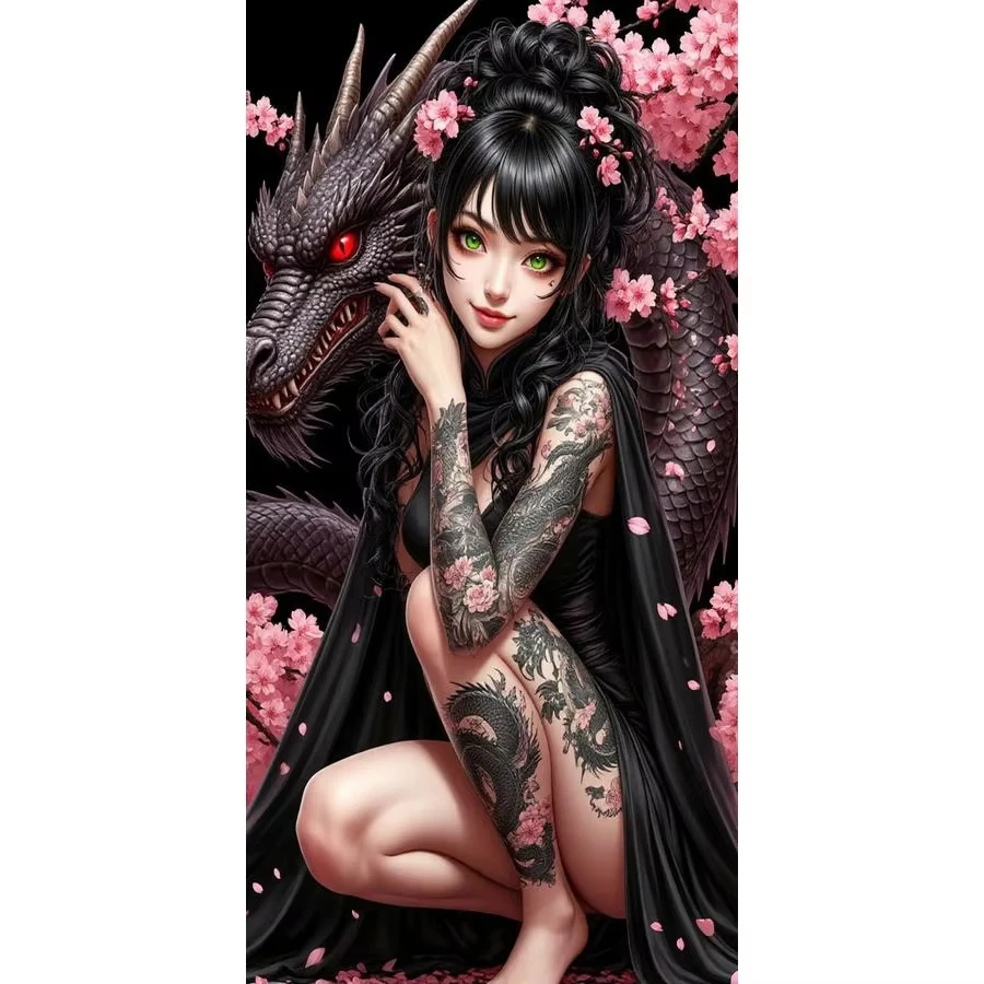58D DIY Gothic Anime Characters with Black Dragon Diamond Painting, Sakura and Tattoo Art  Handmade Art Home Wall Decor Gift