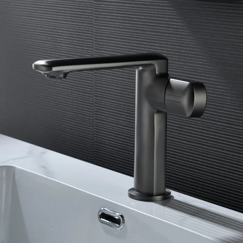 Basin Faucet Full Copper Single Handle Small Handwheel Side Opening Bathroom Faucet Hot and Cold Water Gun Gray Brushed Gold
