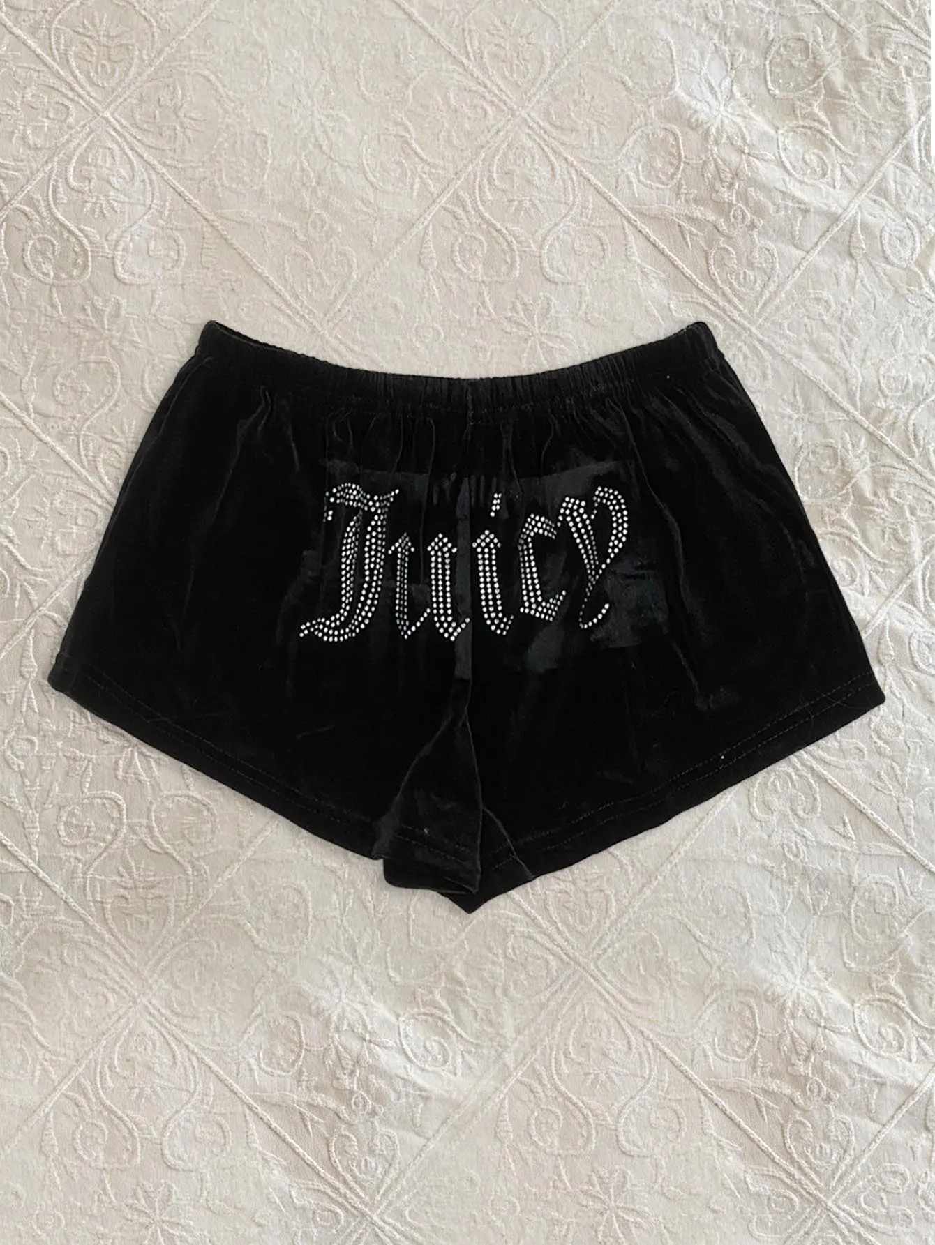 Retro Juicy Style Strass-Verzierte Samt-Kurzhose mit Elastischem Bund aus Weichem Velours-Stoff für Damen Casual Streetwear Unterteil