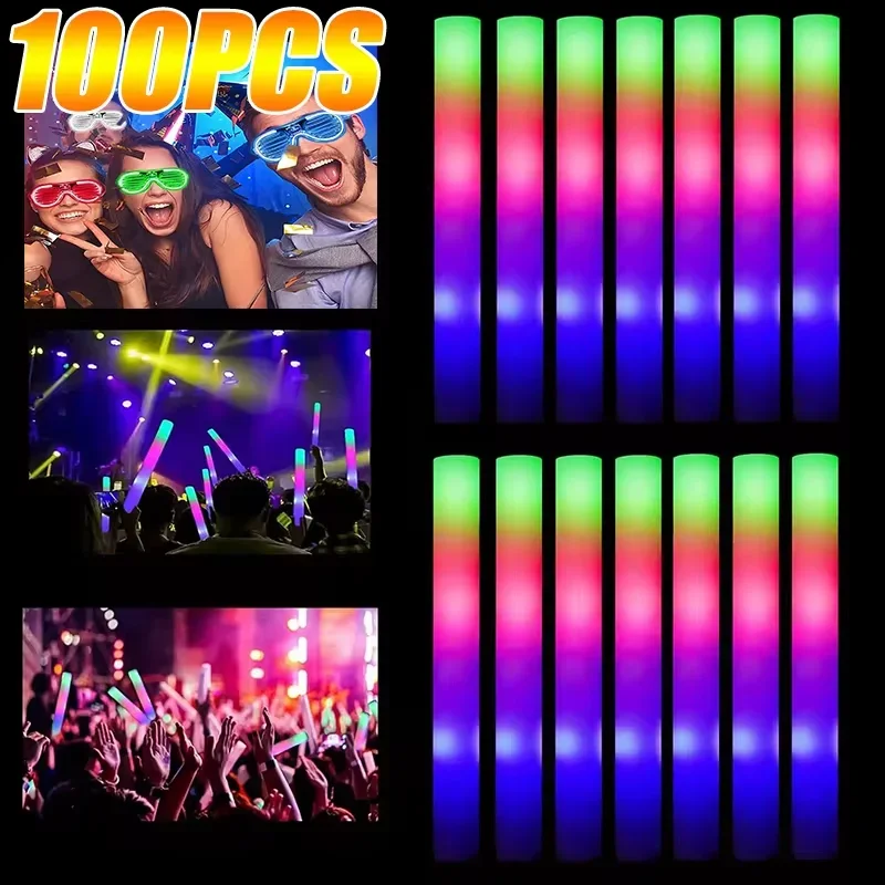 1-50PCS LED Glow Sticks Bulk Colorful RGB Glow Foam Stick Cheer Tube Dark Light for Xmas Birthday Wedding Party Supplies