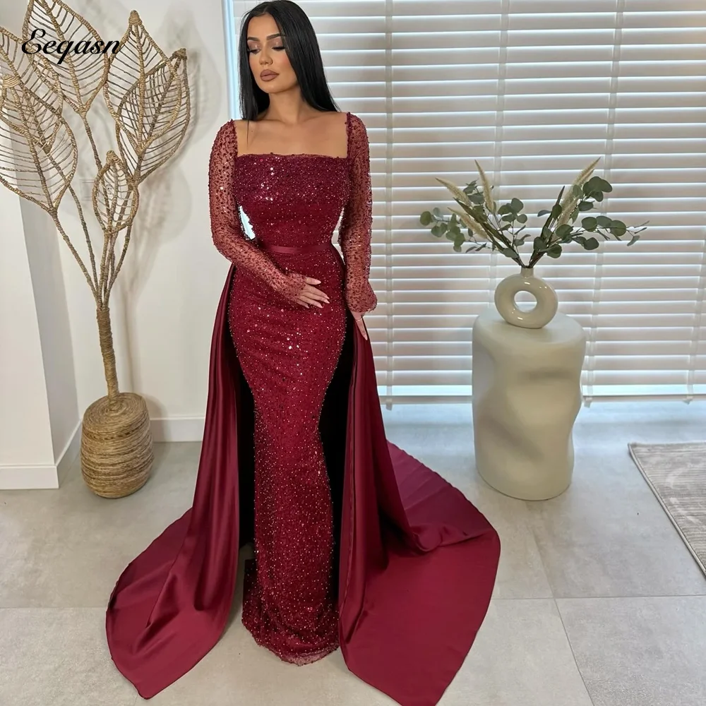 

Arabic Evening Dress Beaded Pearls Long Sleeves Mermaid Wedding Party Dresses Vestido De Noche Gala Detachable Skirt Customized