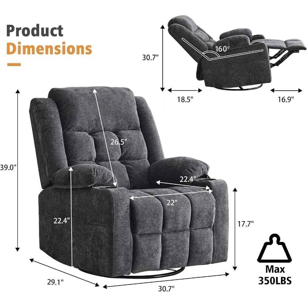 Swivel Rocker Recliner Chair with Massage, Heat, USB and Type-C Ports, Infinite Position Features for Living Room