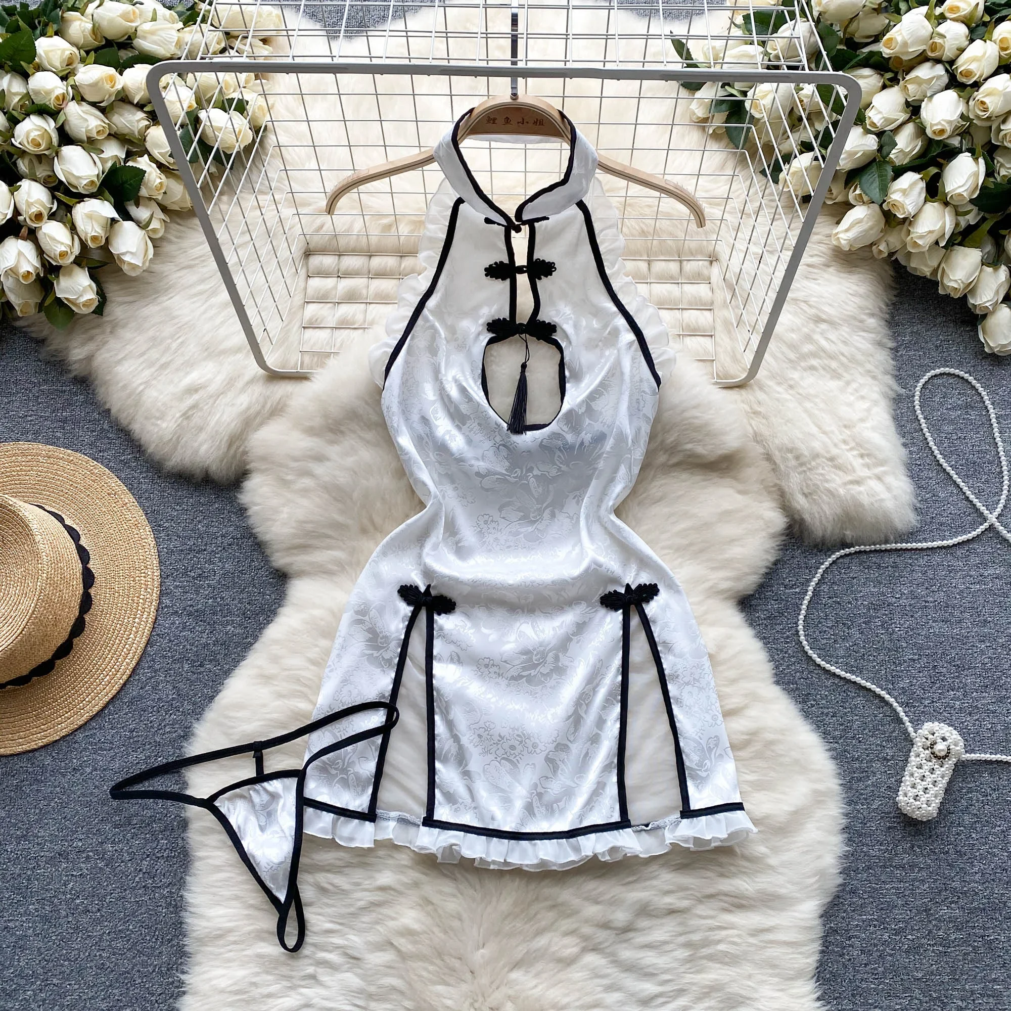 

Print Sheer Sexy Mesh Dress Ladie Backless Split Cheongsam Mini Night Dress Women Chinese Style Retro Erotic Nightwear