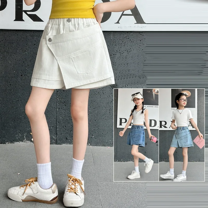 

Kids Children Fashion Summer Denim Protective Shorts Under The Skirt With Buttons for Teenage Girl Casual Mini Short Jeans Skirt