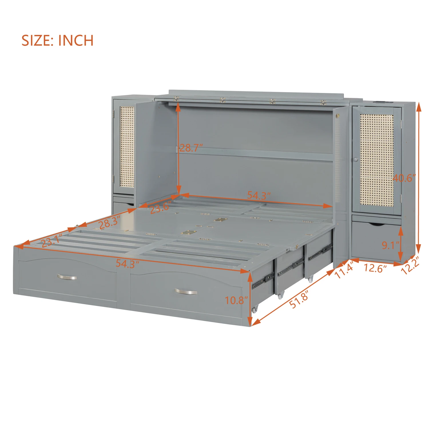 Full Size Murphy Bed Wall Bed with Drawer and Rattan Decoration with 2 Storage Cabinets, One set of Sockets & USB Ports, Pulley