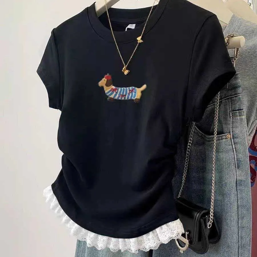 Womens Solid Color T-Shirt with Playful Canine Print and Thoughtful Lace Trim Details for Leisure and Outdoor Activities
