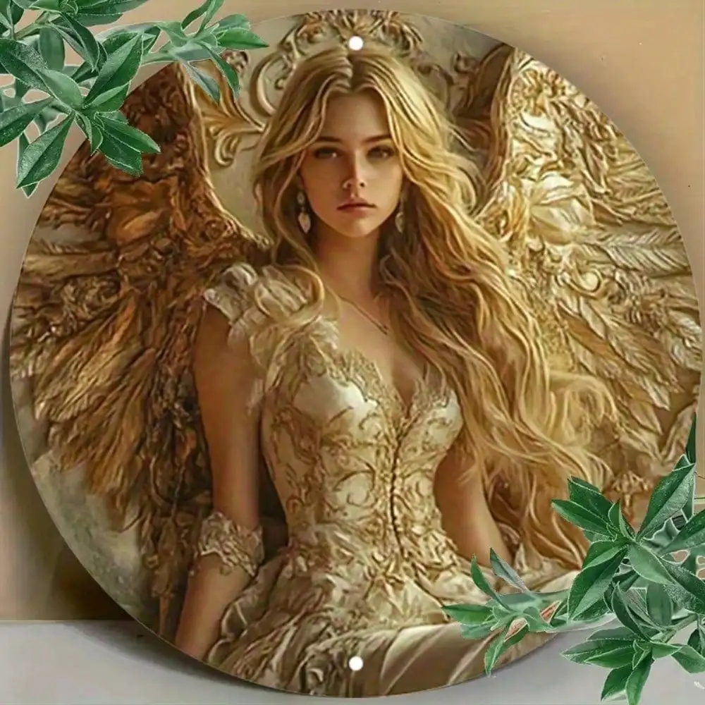 2026 Panneau rond en bois plat 2D avec ailes d'ange dorées, Art mural religieux vintage, Portrait d'ange gardien porte-bonheur pour la maison et le jardin