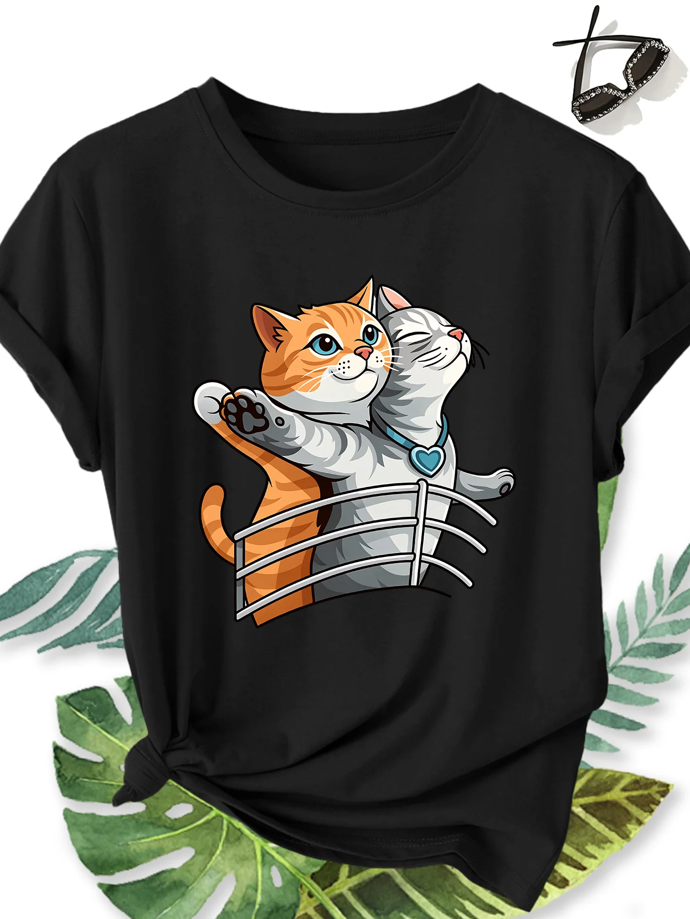 Cute Cat Titanic Print T-Shirt Summer Women's Tracksuit Short Sleeve Pullover Breathable Sportswear Harajuku Fashion Streetwear