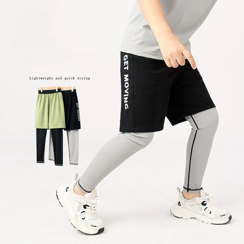 

Boy's Basketball Shorts Leggings 2 in 1 Athletic Running Pants Quick-dry Fake Two Pieces Trousers Kids Trainning Tights Pants