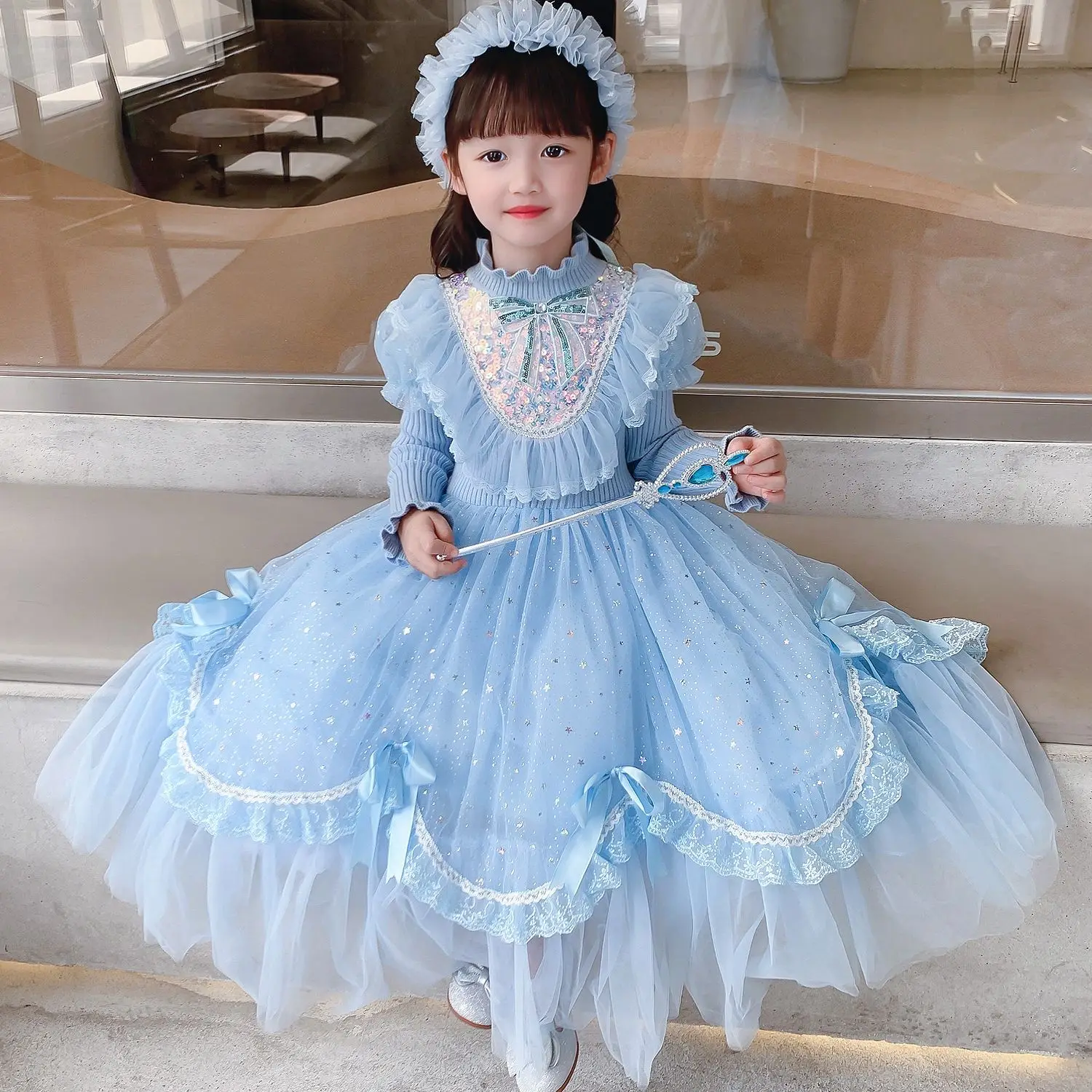 Hot Sale Ice Princess Cosplay Sky Blue Deluxe Princess Queen Dress Halloween Girl Castle Carnival Party