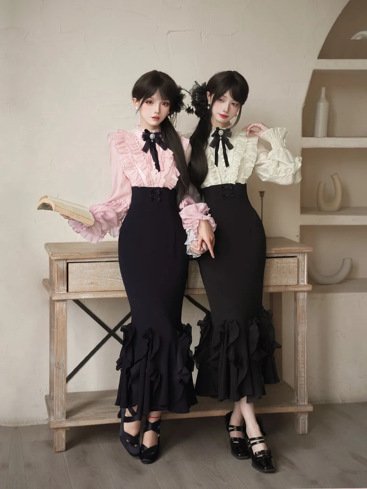 Original elegante babados retalhos gola manga longa cintura alta fino ajuste bodycon sereia vintage vestido longo feminino outono