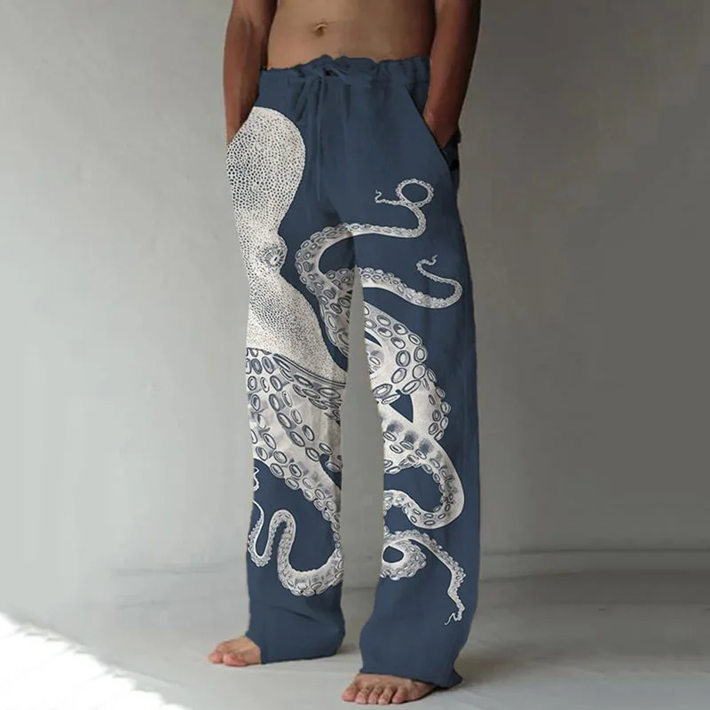 New Men's Spring And Autumn Thin Casual Straight Leg Pants Octopus 3D Trend Print Men's Over Size Loose Wide-leg Pants