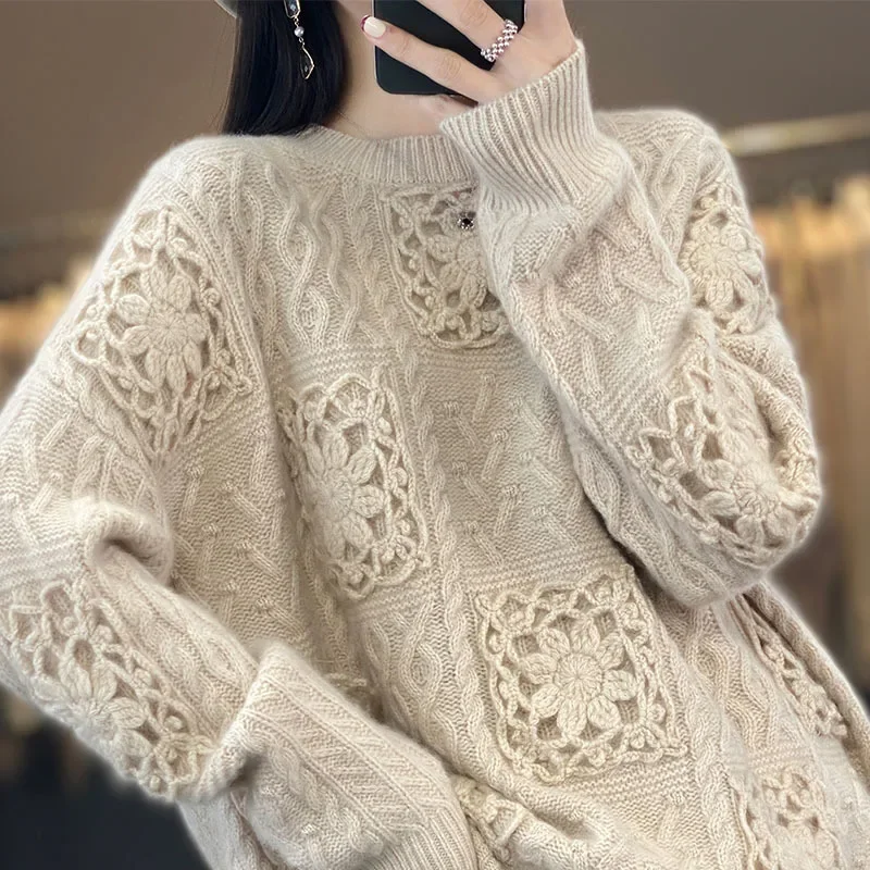 

TEELYNN Autumn Winter Loose Knit Pullover for Women Sweaters Tops 100% Cashmere Handmade Floral Sweater Long Sleeve Boho Jumper