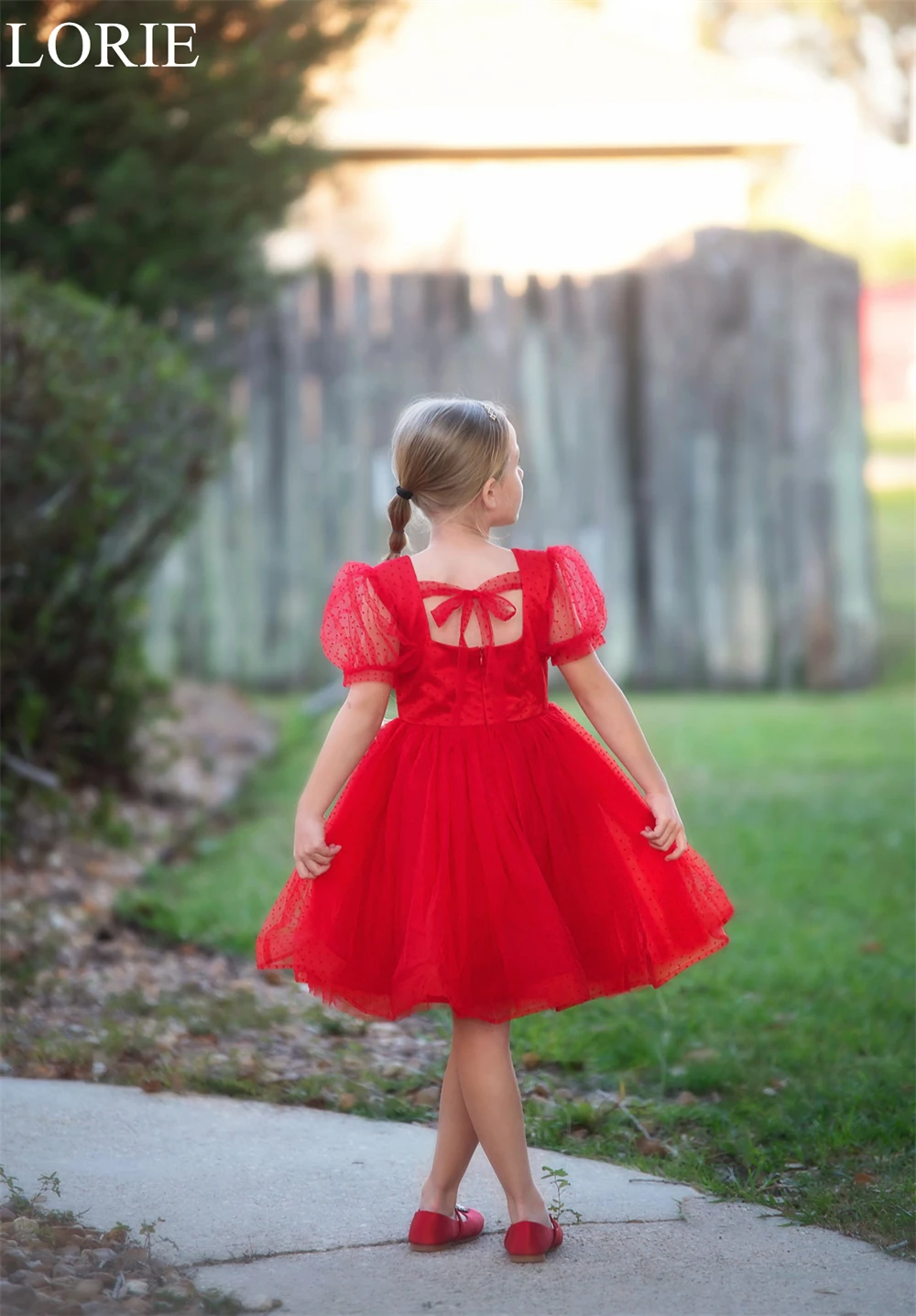 LORIE Red Flower Girl Dresses Square Neck Pleated A-Line Bow Puff Sleeves Wedding Party Dress Backless Birthday Dress Customized