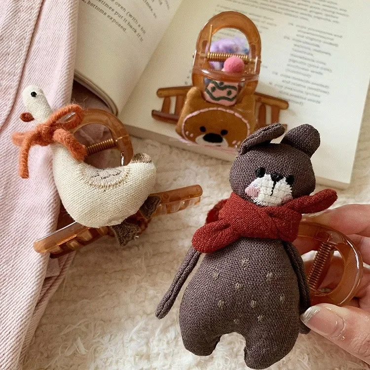 

New Kawaii Cartoon Animal Hair Claw AB Face Cloth Doll Bear Swan Crab Hair Clips Cute Hairpins Hair Accessories for Women Girls