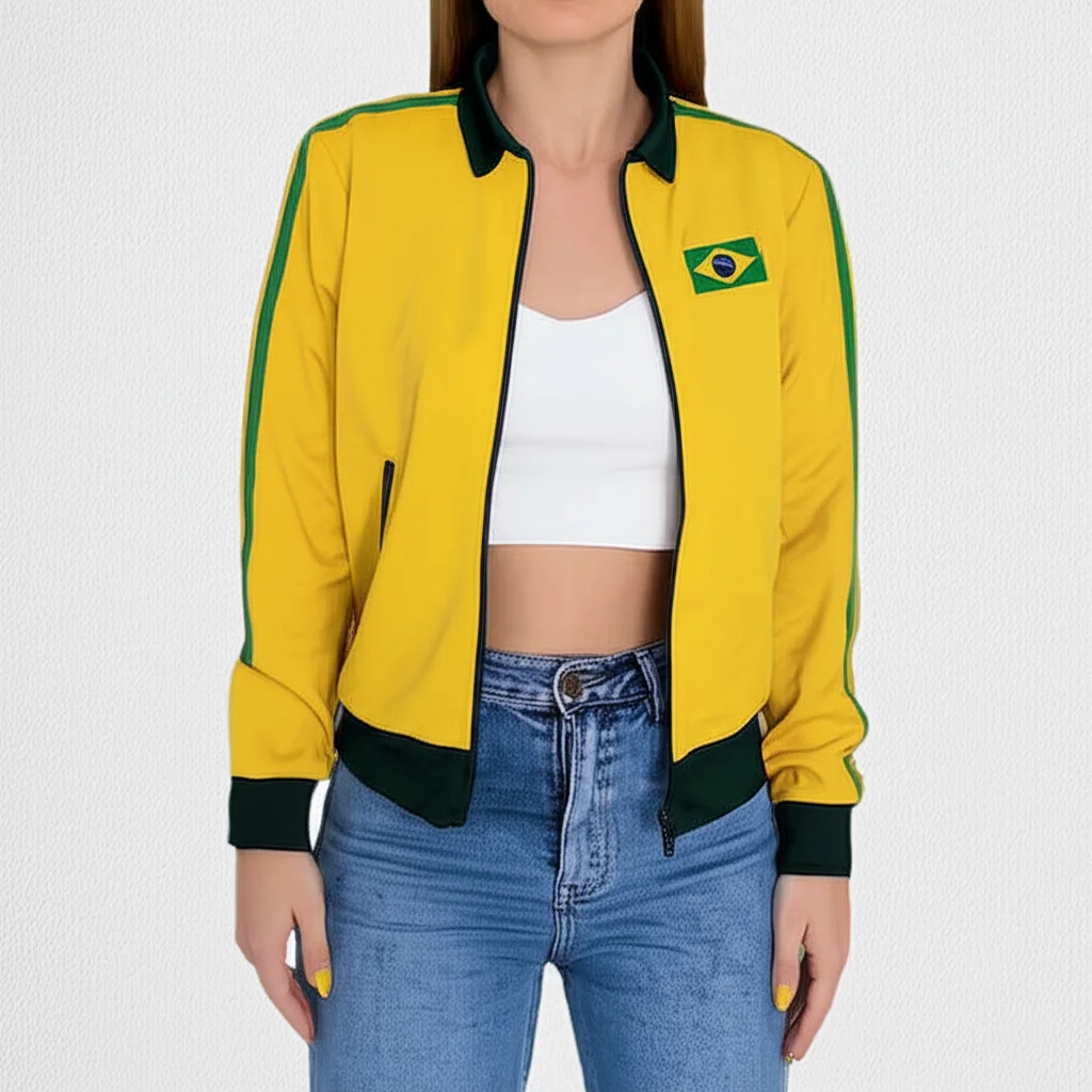 

2025 Новая бразильская желтая повседневная куртка на молнии для женщин осенью и зимой Свободная спортивная повседневная уличная короткая и тонкая куртка Топ