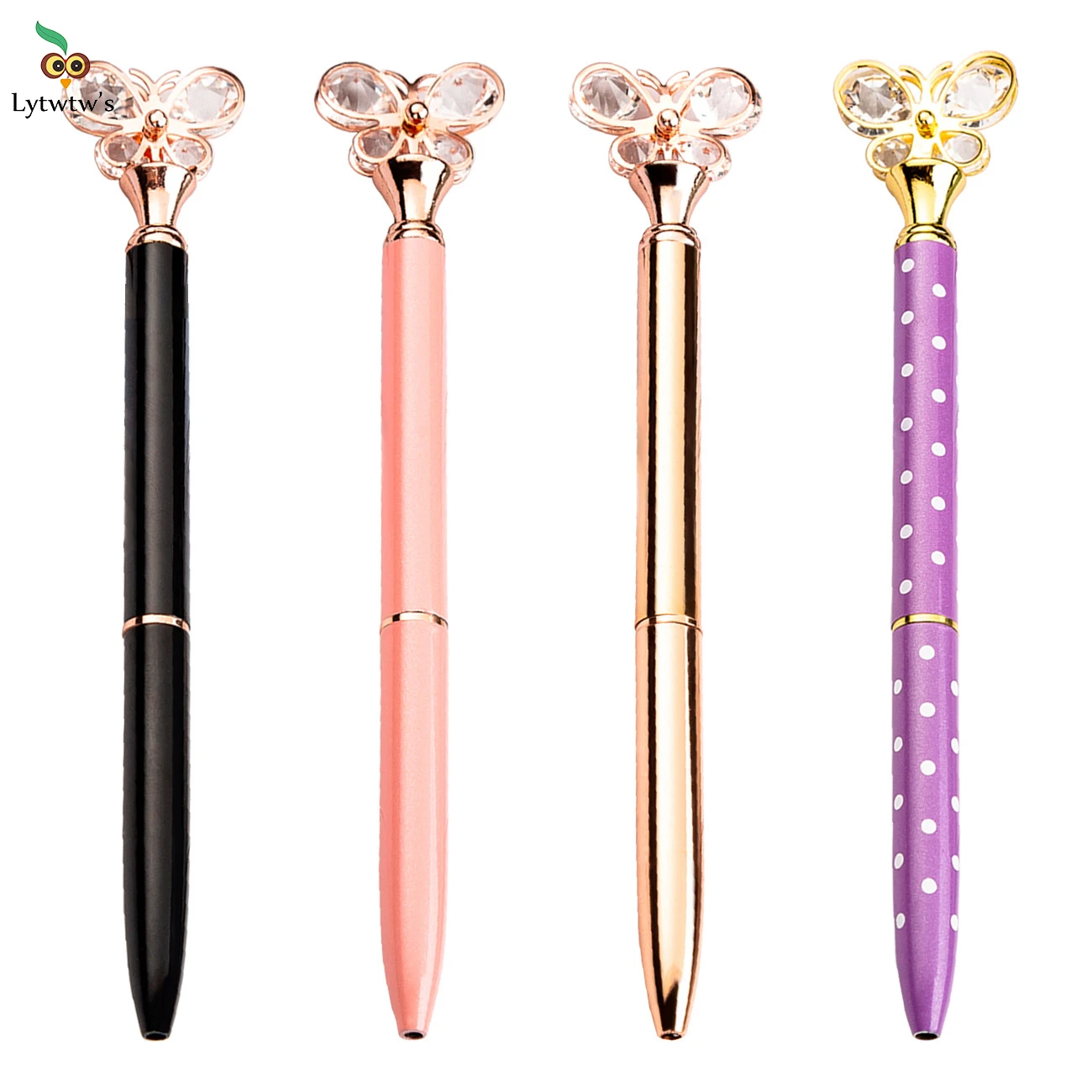 1 PCS Glass Butterfly School Pen 1 mm Bullet Point Metal Ballpoint Pen Spare Black Writing Pen For Student Rose Gold Stationery