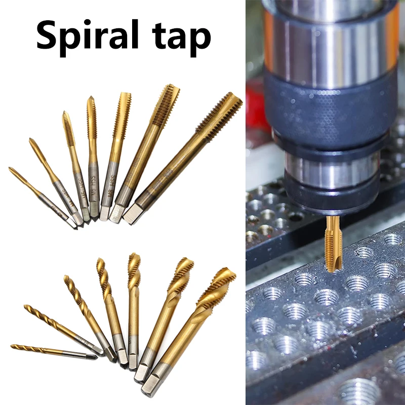 

7 шт., высокоскоростной стальной метчик с наконечником улитки M3-M12, спиральный титановый станок с титановым покрытием, набор для нарезания на сквозных отверстий