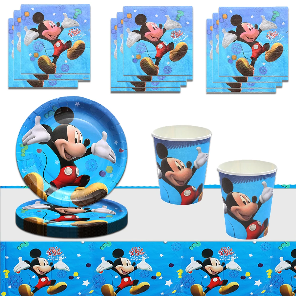 Disney Blue Mickey Mouse Birthday Party Decor Disposable Tableware 61pcs/lot Paper Cup Plate Napkins Tablecloth Decoration