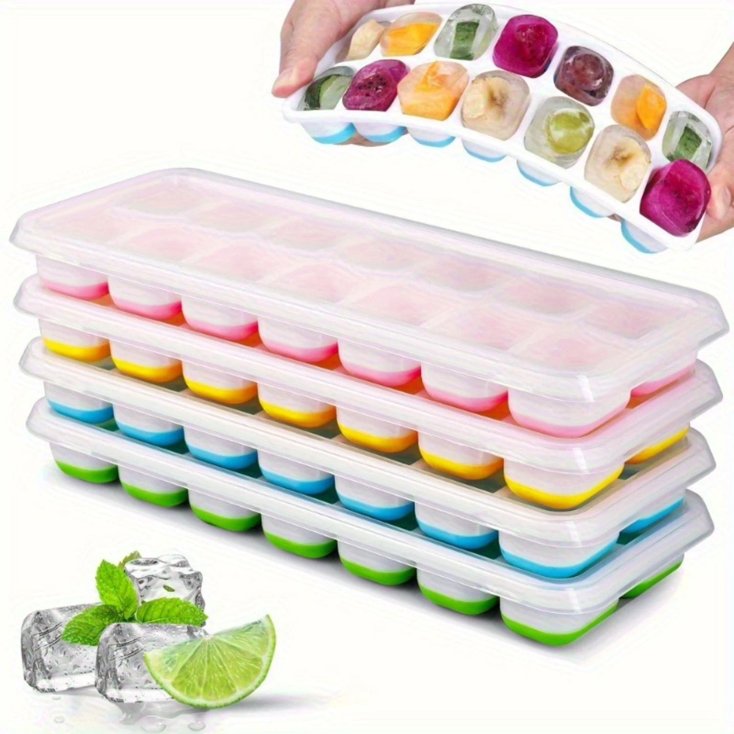 

Silicone Ice Cube Tray with Lid - 14-Cube Flexible, Easy Release, Stackable Design, Spill-Proof, Dishwasher Safe for Cocktails a