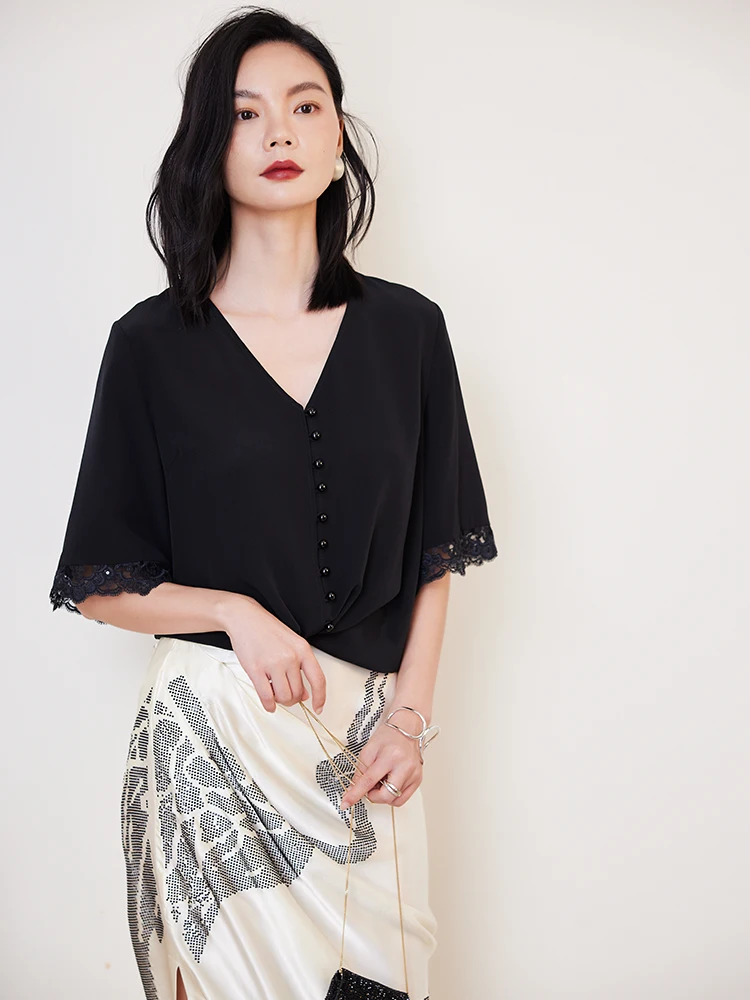 

Дышащий топ Momme из шелкового кружева в стиле пэчворк 23, романтический простой женский шелковый топ с v-образным вырезом, чистый цвет, лето 2024 г.