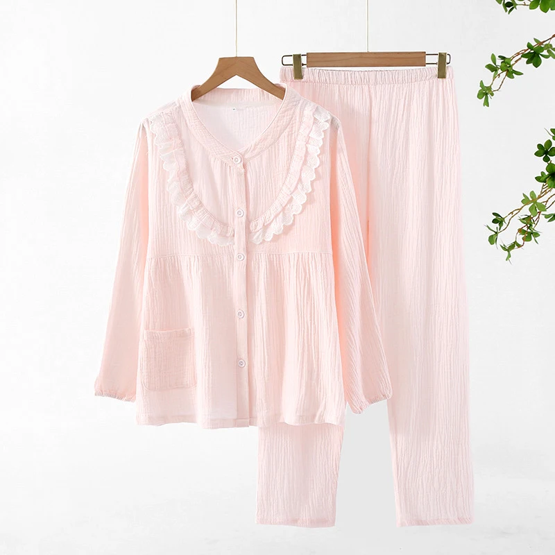 2pcs Women's Pajama Set Japanese Style 100% Cotton Gauze Lace Trim Round Neck Open Front Soft Loose Loungewear For Spring Autumn