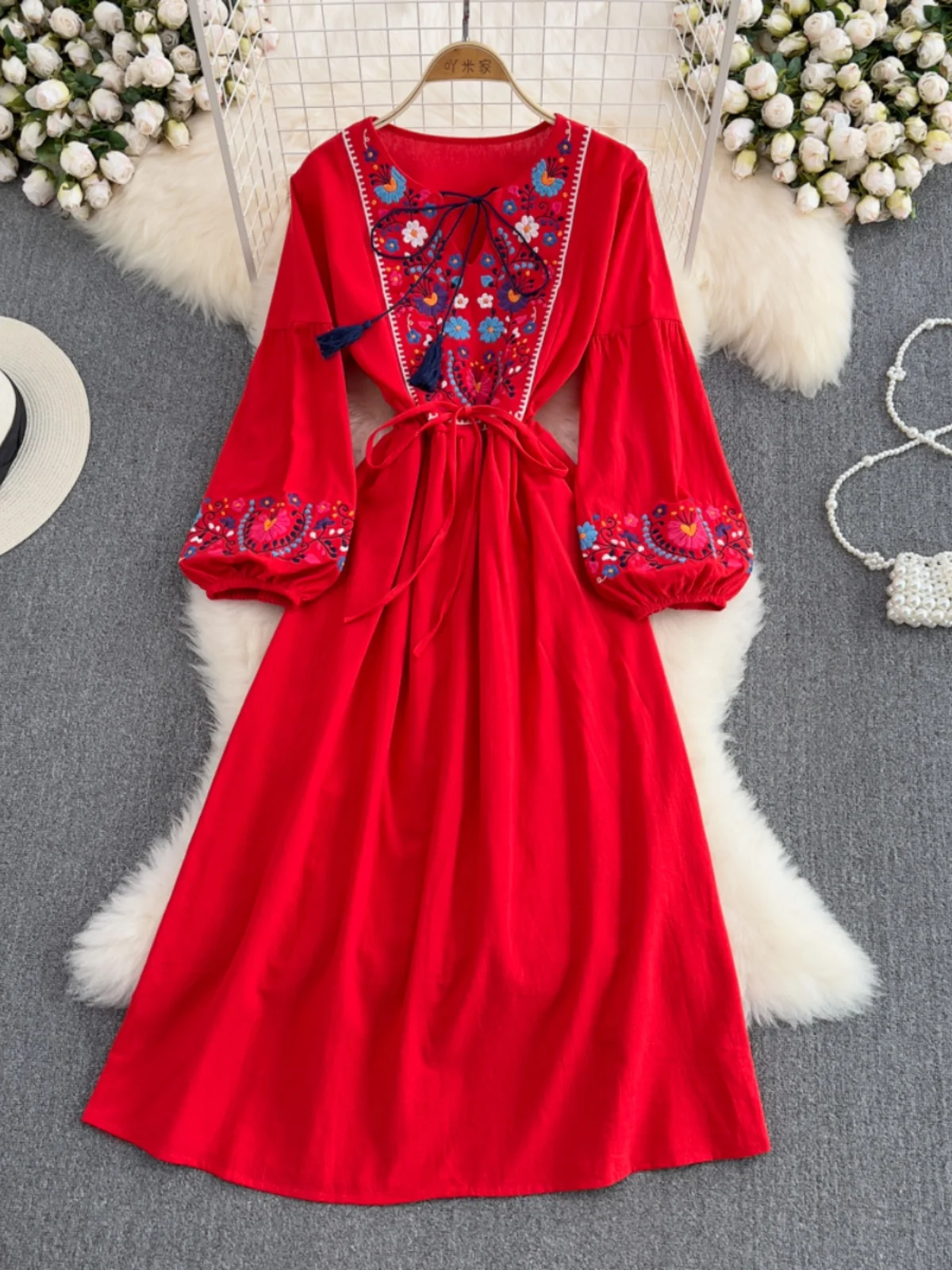 女性スリムロングドレス刺繍レースアップウエストボヘミアンエスニック海辺休暇ビーチボヘミアンホリデー