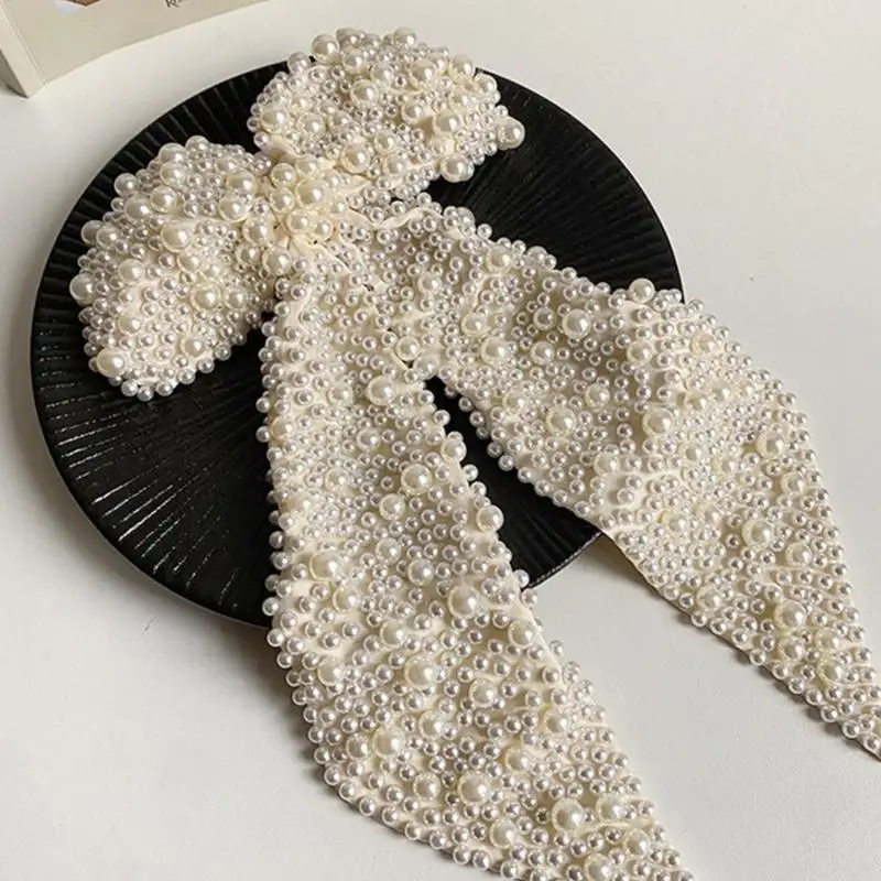 

P9FE Artificial Pearls Hair Clip Elegant Oversized Bowknot Hairpin For Bride Weddings