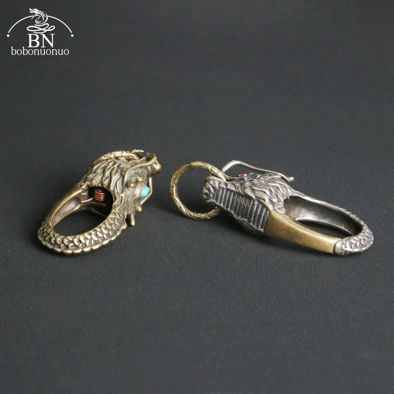 Copper Dragon Head Car Keychain with Ring Vintage High-end Dragon Brass Keyring Pendant Luxury Men Spring Key Chain Accessories