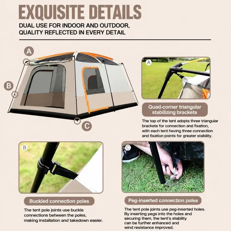 Large Family Tent with 2 Room Living Space Waterproof Windproof Double Layer UV Protection Portable Shelter for Picnic Camping