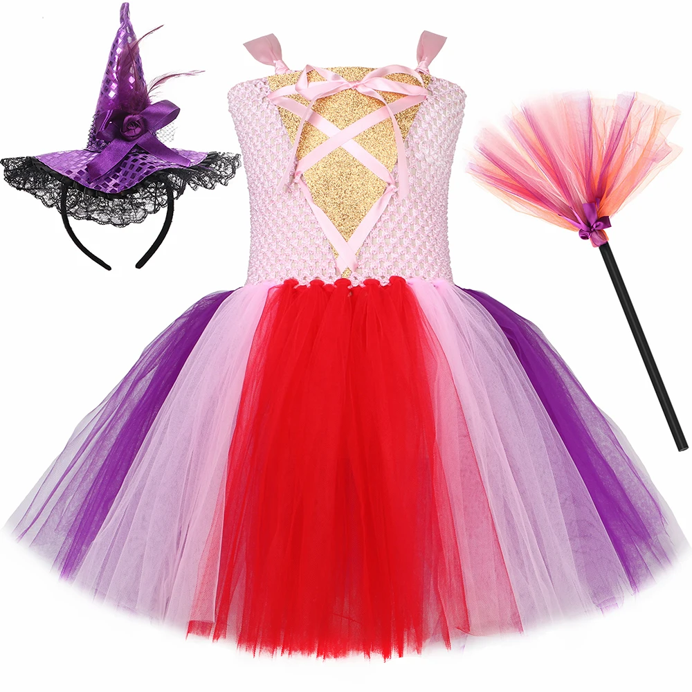 Hocus Pocus Witch Costume for Girls Halloween Carnival Party Dresses Cape Broom Kids Fancy Sanderson Sisters Tutu Princess Dress