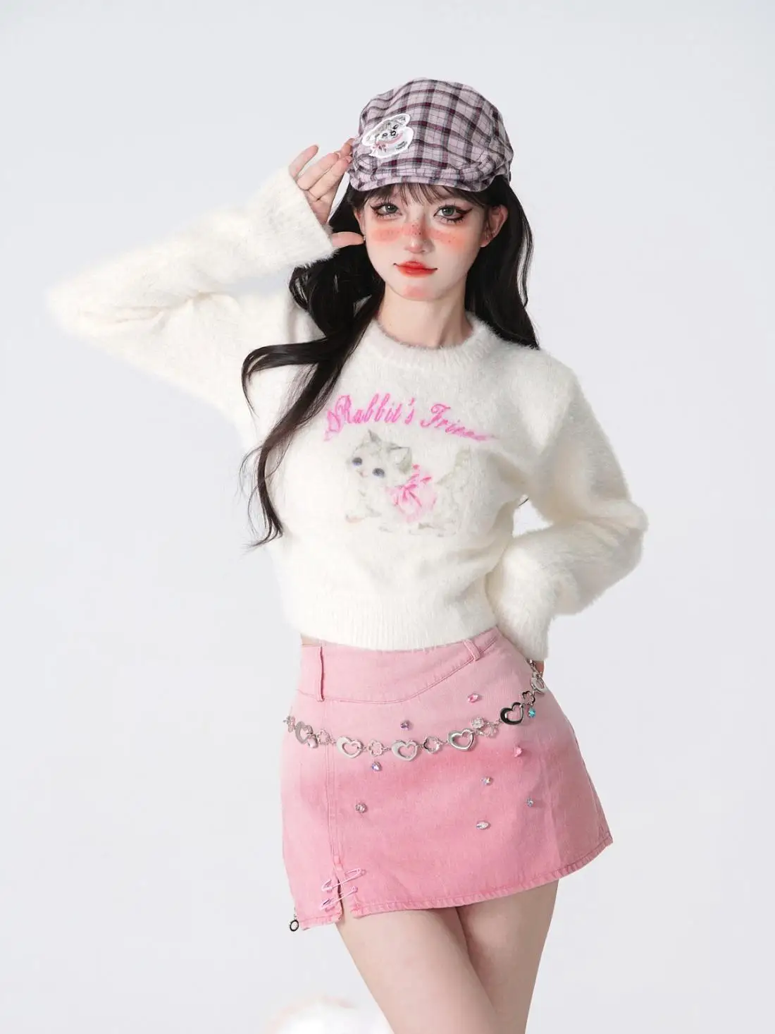 Women's Long-Sleeved O-Neck Pullovers, Sweet Cartoon Top, White Knitwear, Korean Fashion, Y2k, Cute Female Top, Autumn, Winter