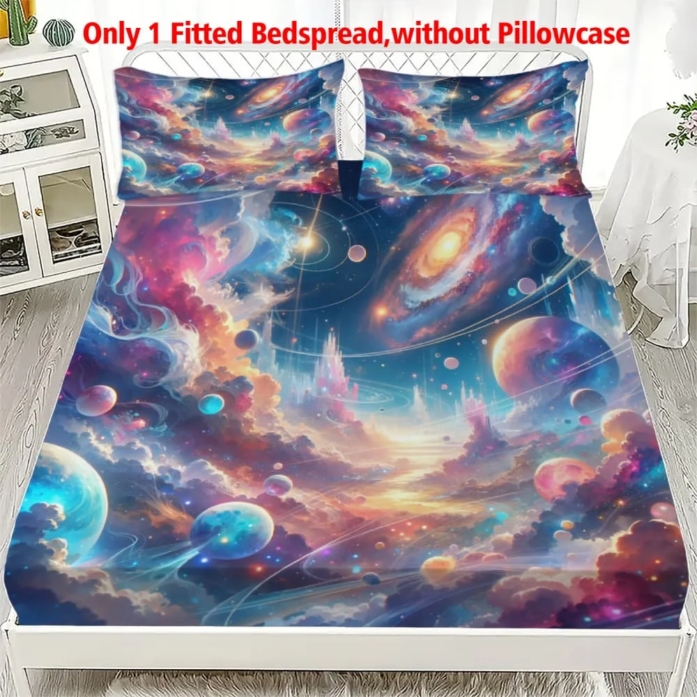 1pc Fantasy Galaxy Castle & Planet Print Fitted Sheet Deep Pocket Elastic Mattress Cover Single Double Queen King Bedroom Decor