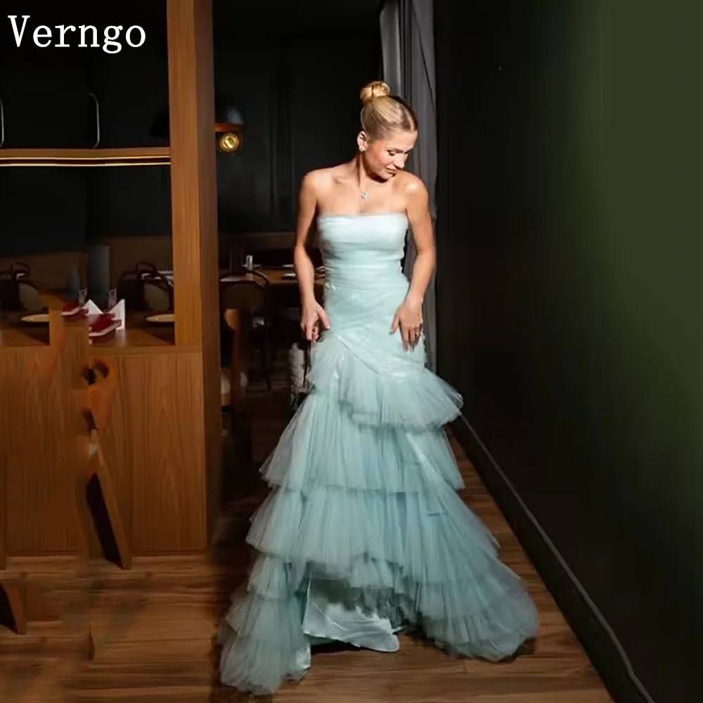 

Verngo Green Tulle Evening Dress Strapless Mermaid Tiered Maxi Prom Dresses Women Elegant Princess Prom Gowns Customized