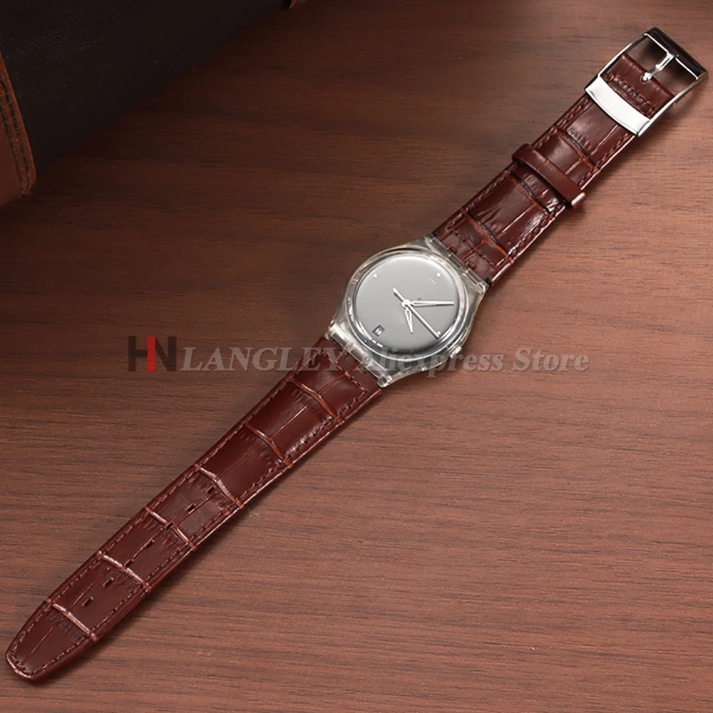 Per cinturino orologio SWATCH 17mm 19mm cinturino in vera pelle di vacchetta uomo donna impermeabile nero marrone cinturini sportivi di ricambio