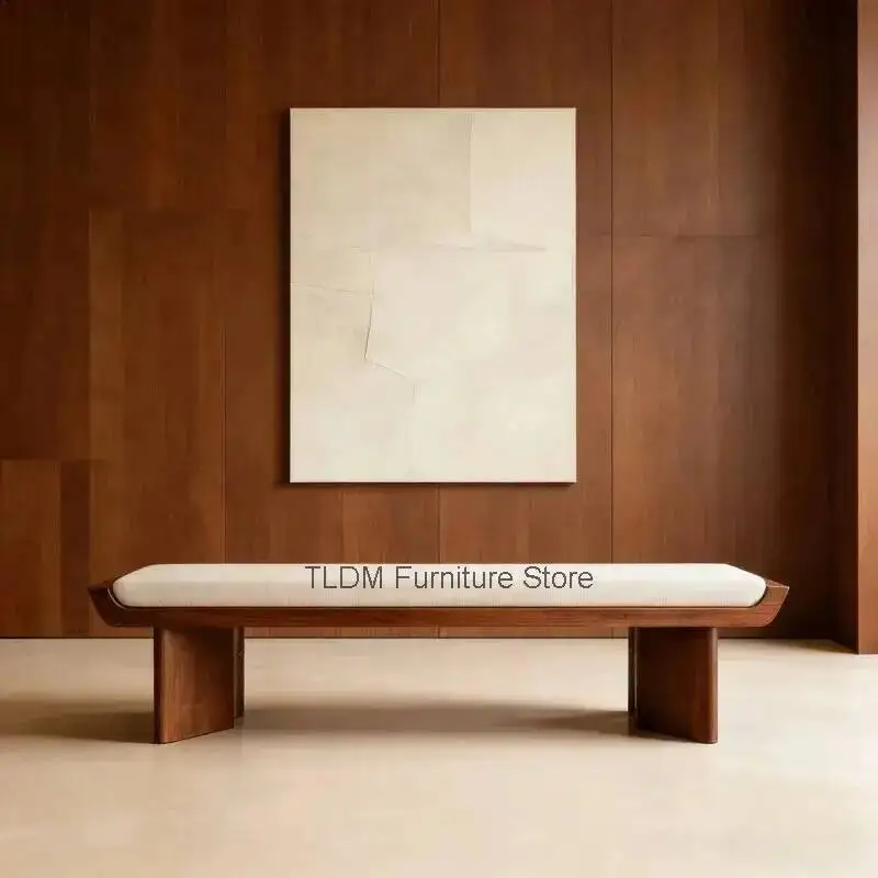 Minimalist Wabi-Sabi Wood Mid-Century Entryway Bench, Bench, Modern Upholstered Accent Hallway Ottoman for Home Decor