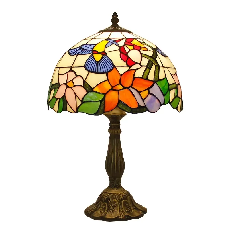 Vintage Wisteria Stained Glass Table Lamp with Lotus Metal Base Modern Retro Desk Light for Wedding Home Decoration Ambient
